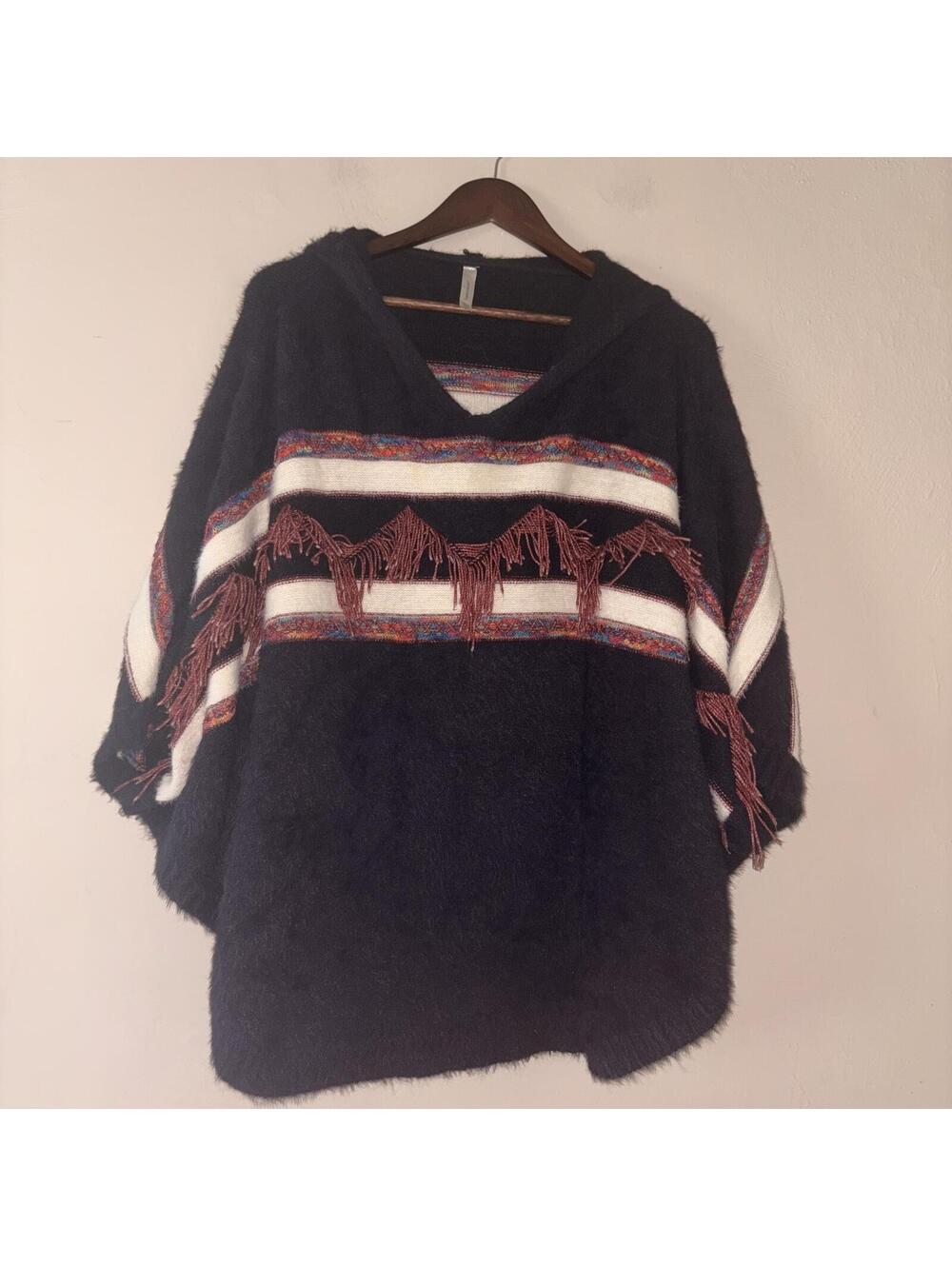 Francesca's Black Fuzzy Hooded Poncho - One Size